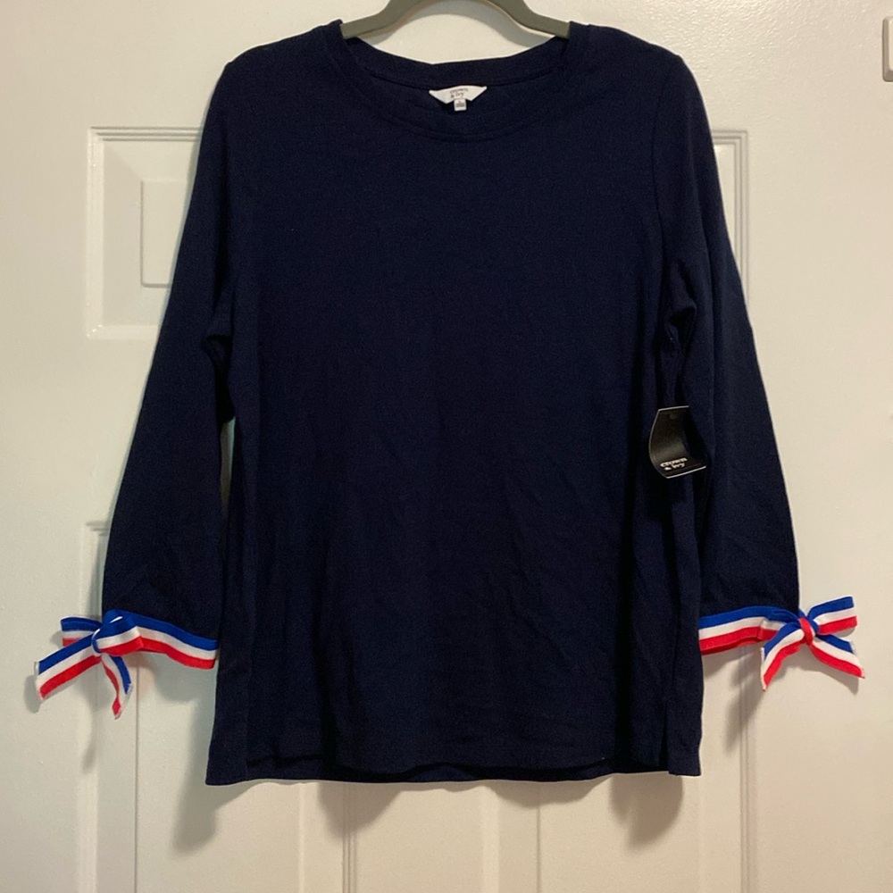 Crown & Ivy Navy Blue Top with Red, White, and Blue Wrist Details